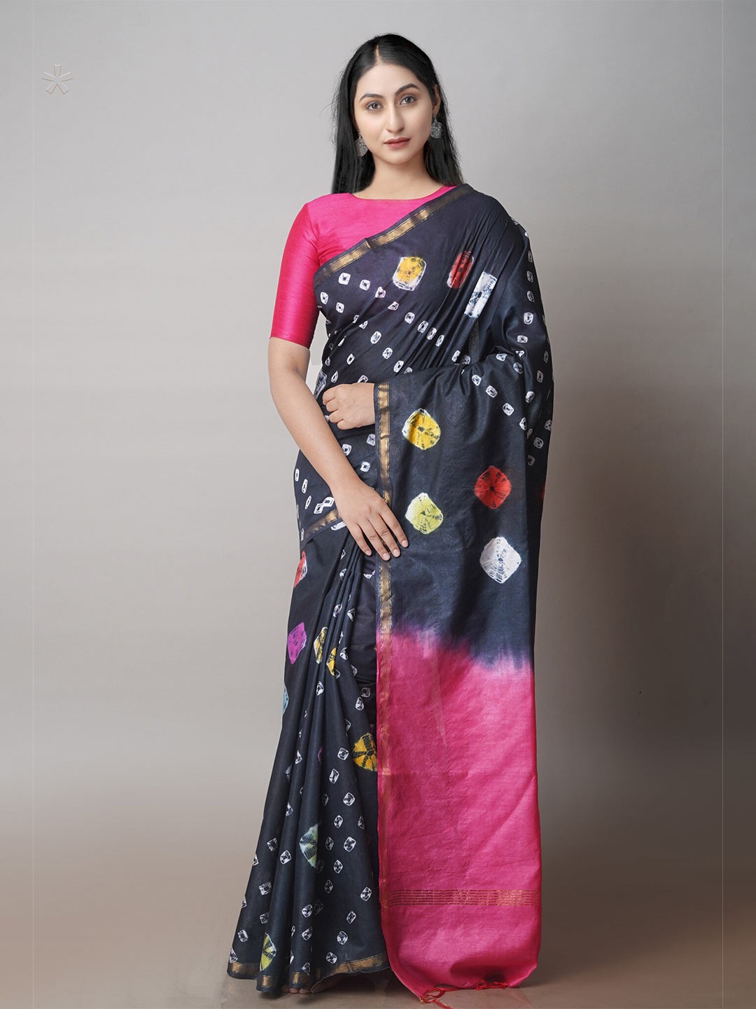 

Unnati Silks Tie & Dye Printed Silk Cotton Chanderi Saree, Black