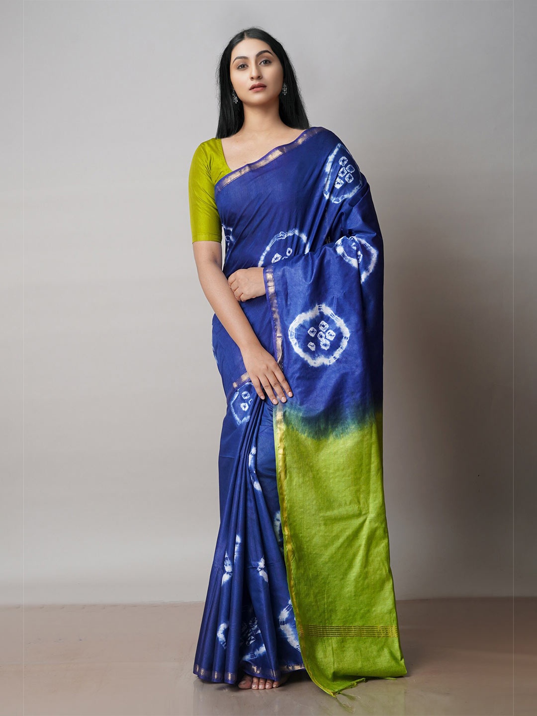 

Unnati Silks Tie & Dye Printed Silk Cotton Chanderi Saree, Blue