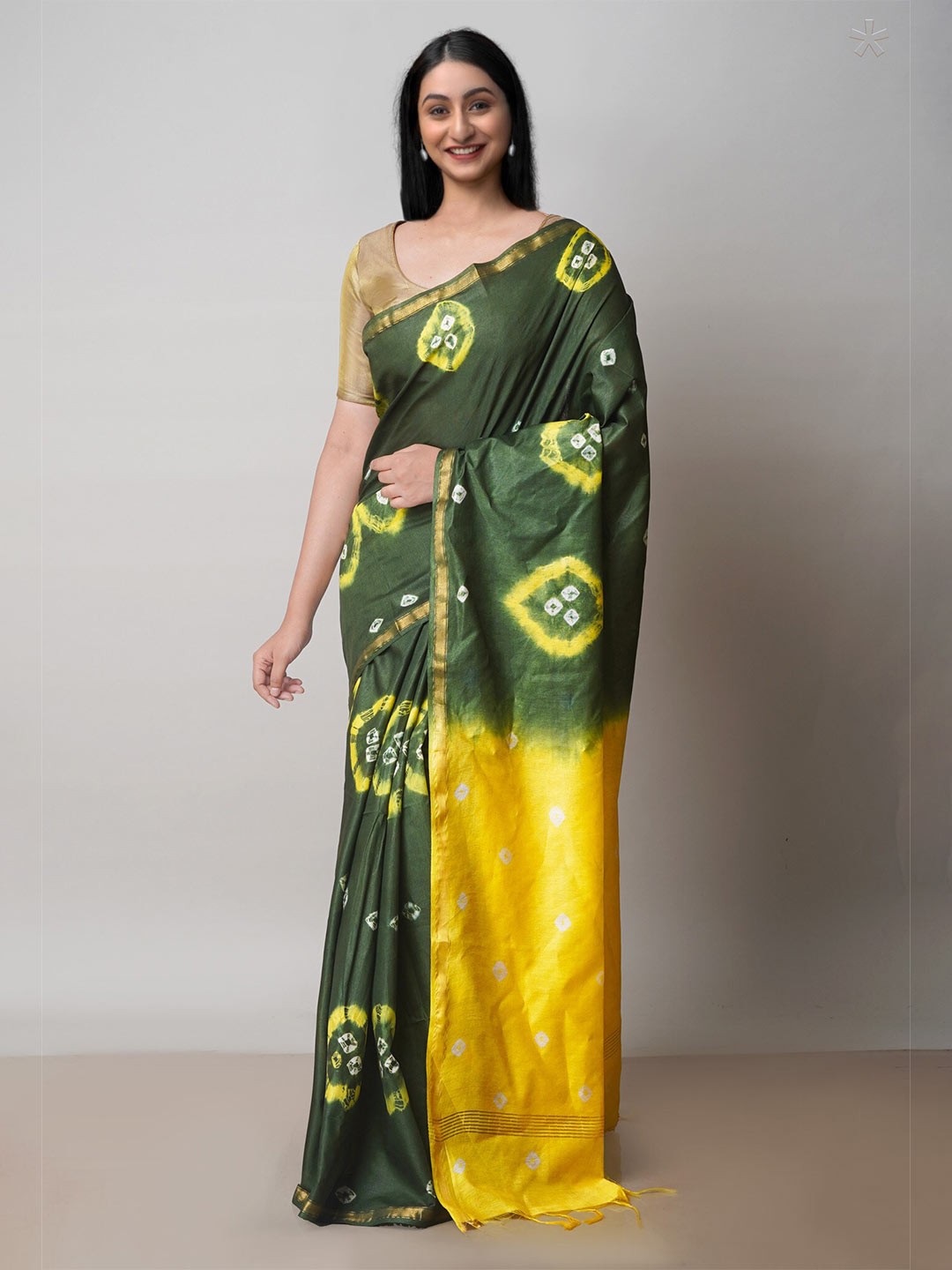 

Unnati Silks Bandhani Printed Silk Cotton Chanderi Saree, Green