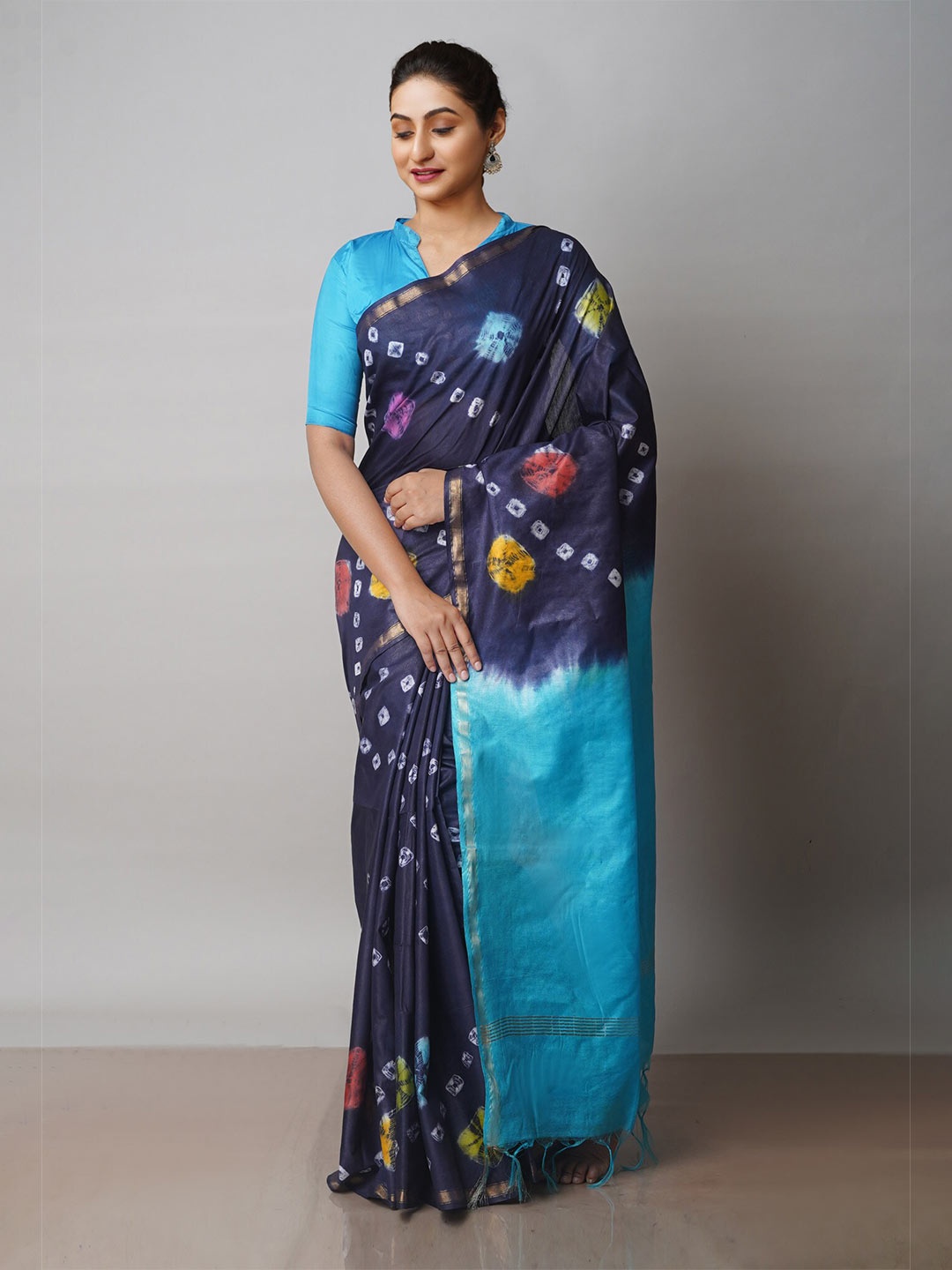 

Unnati Silks Tie & Dye Printed Silk Cotton Chanderi Saree, Navy blue