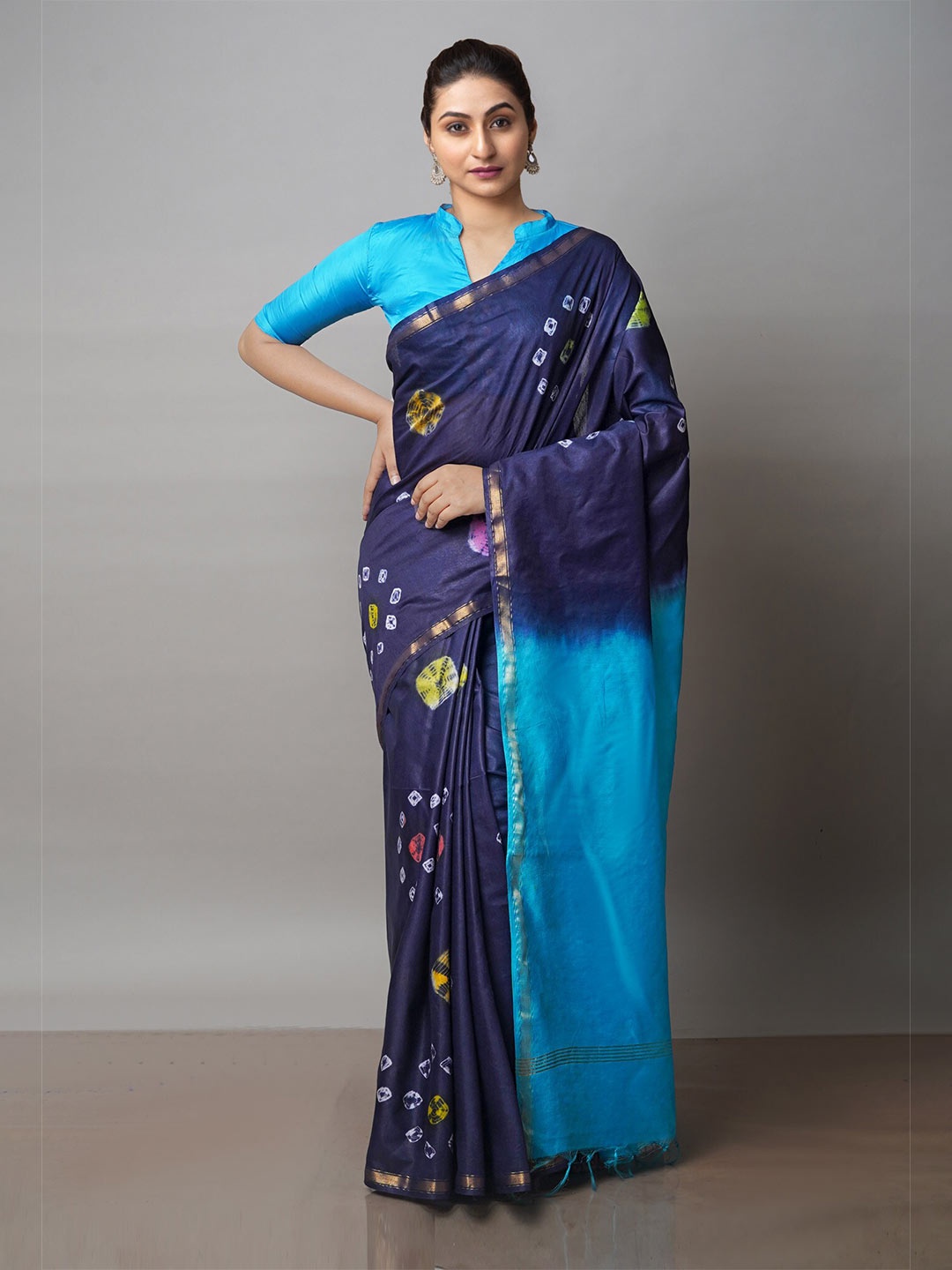 

Unnati Silks Tie & Dye Printed Silk Cotton Chanderi Saree, Navy blue