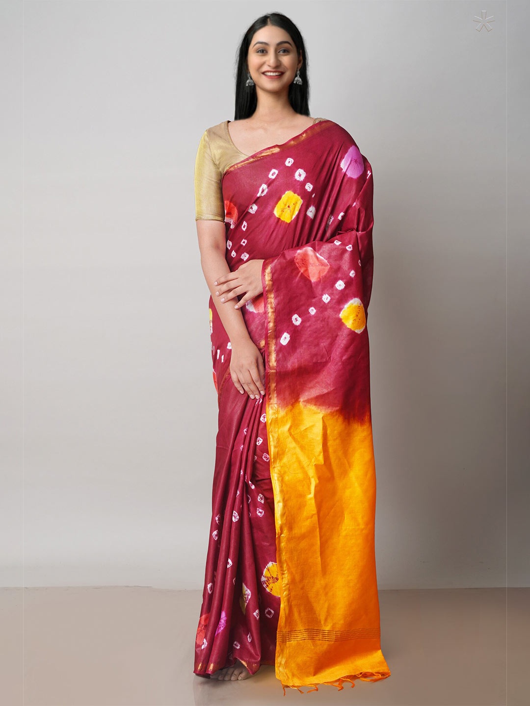 

Unnati Silks Tie And Dye Zari Chanderi Saree, Maroon