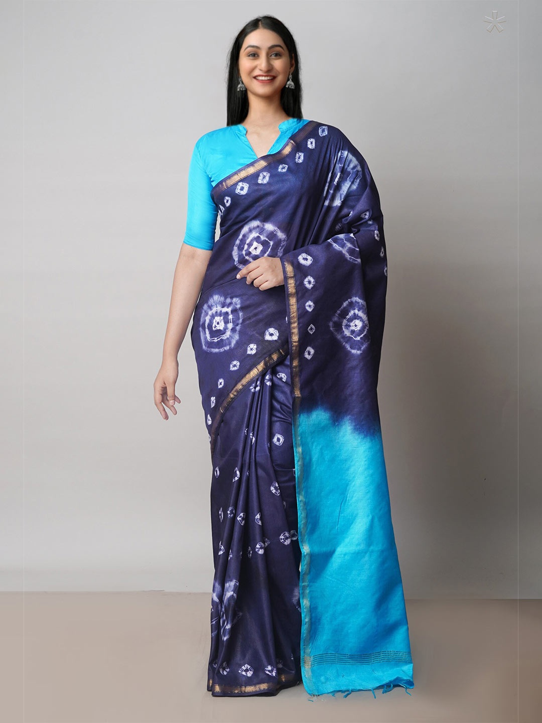 

Unnati Silks Tie And Dye Zari Chanderi Saree, Navy blue