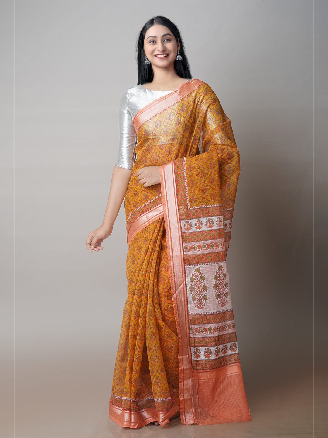 

Unnati Silks Ethnic Motifs Printed Pure Cotton Zari Kota Saree, Yellow