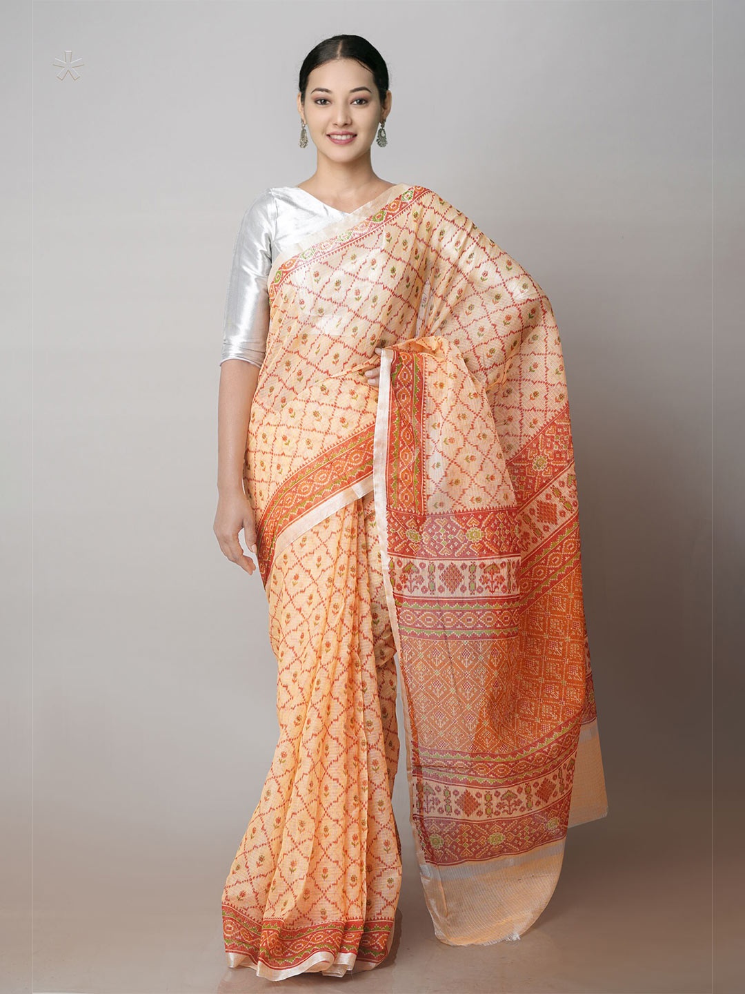 

Unnati Silks Ethnic Motifs Printed Pure Cotton Zari Kota Saree, Orange