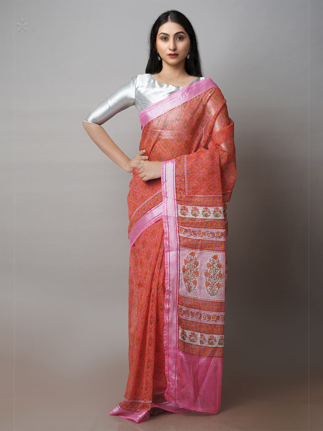 

Unnati Silks Ethnic Motifs Printed Pure Cotton Zari Kota Saree, Orange