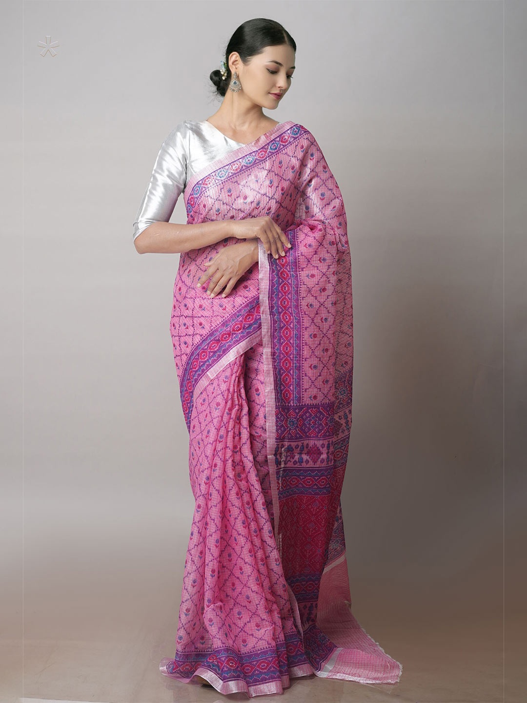 

Unnati Silks Ethnic Motifs Printed Pure Cotton Zari Kota Saree, Pink