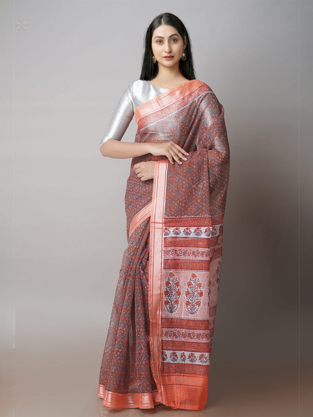 

Unnati Silks Ethnic Motifs Printed Pure Cotton Zari Kota Saree, Grey