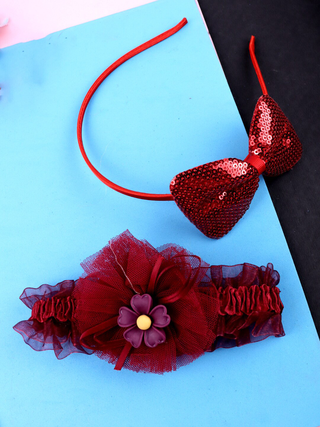 

VAGHBHATT Girls Set Of 2 Embellished Fabric Hairbands, Maroon