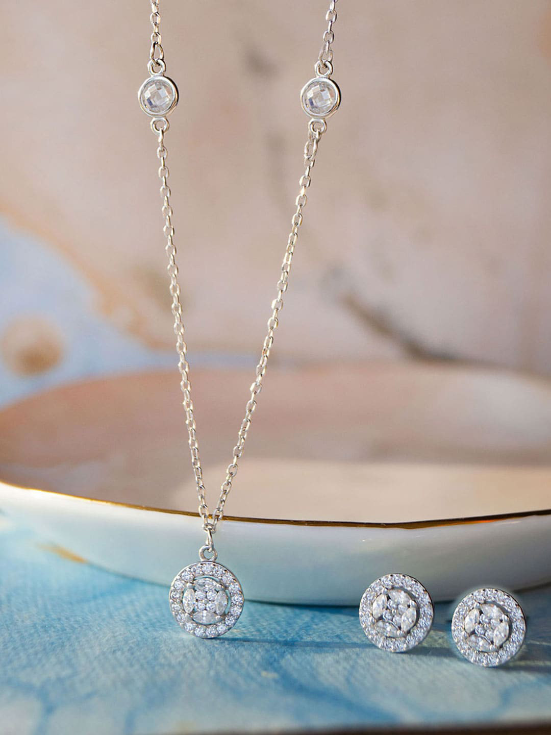

MANNASH 925 Sterling Silver Rhodium-Plated CZ-Studded & Beaded Jewellery Set