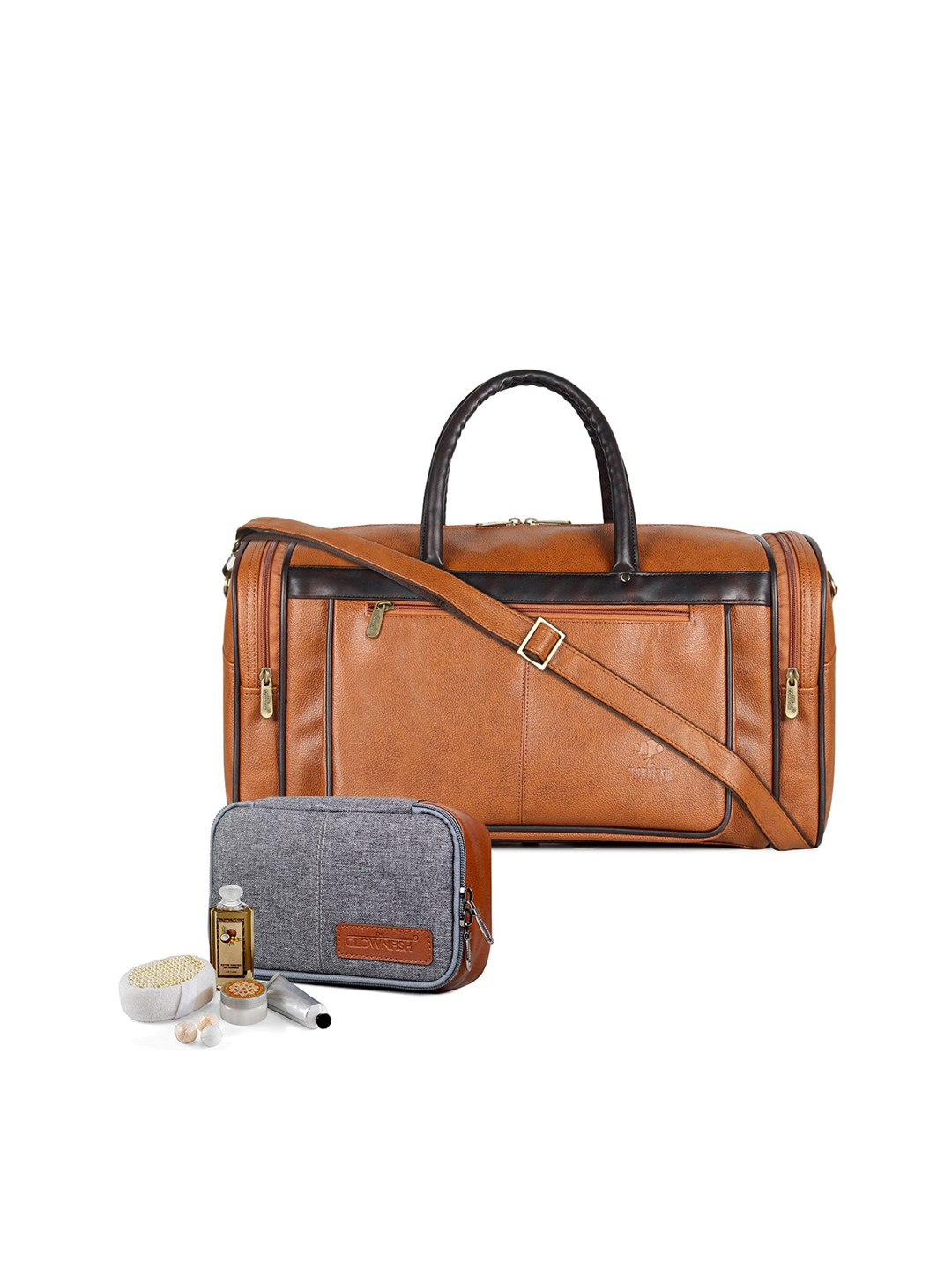 

THE CLOWNFISH Set Of 2 Travel Duffel Bag With Travel Pouch Toiletry Bag, Coffee brown