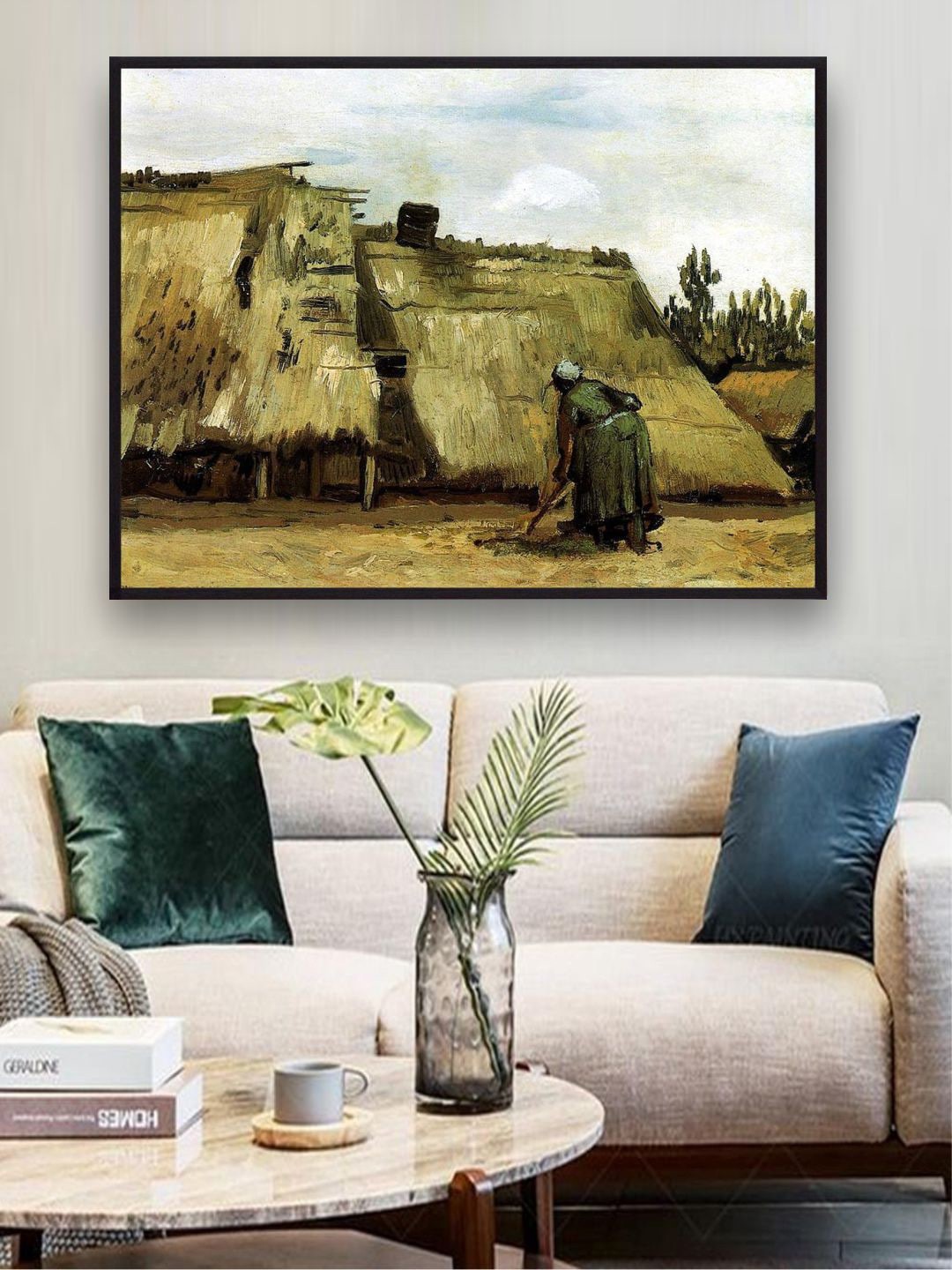 

The Art House Green & Blue Cottage With Woman Digging By Van Gogh Framed Painting