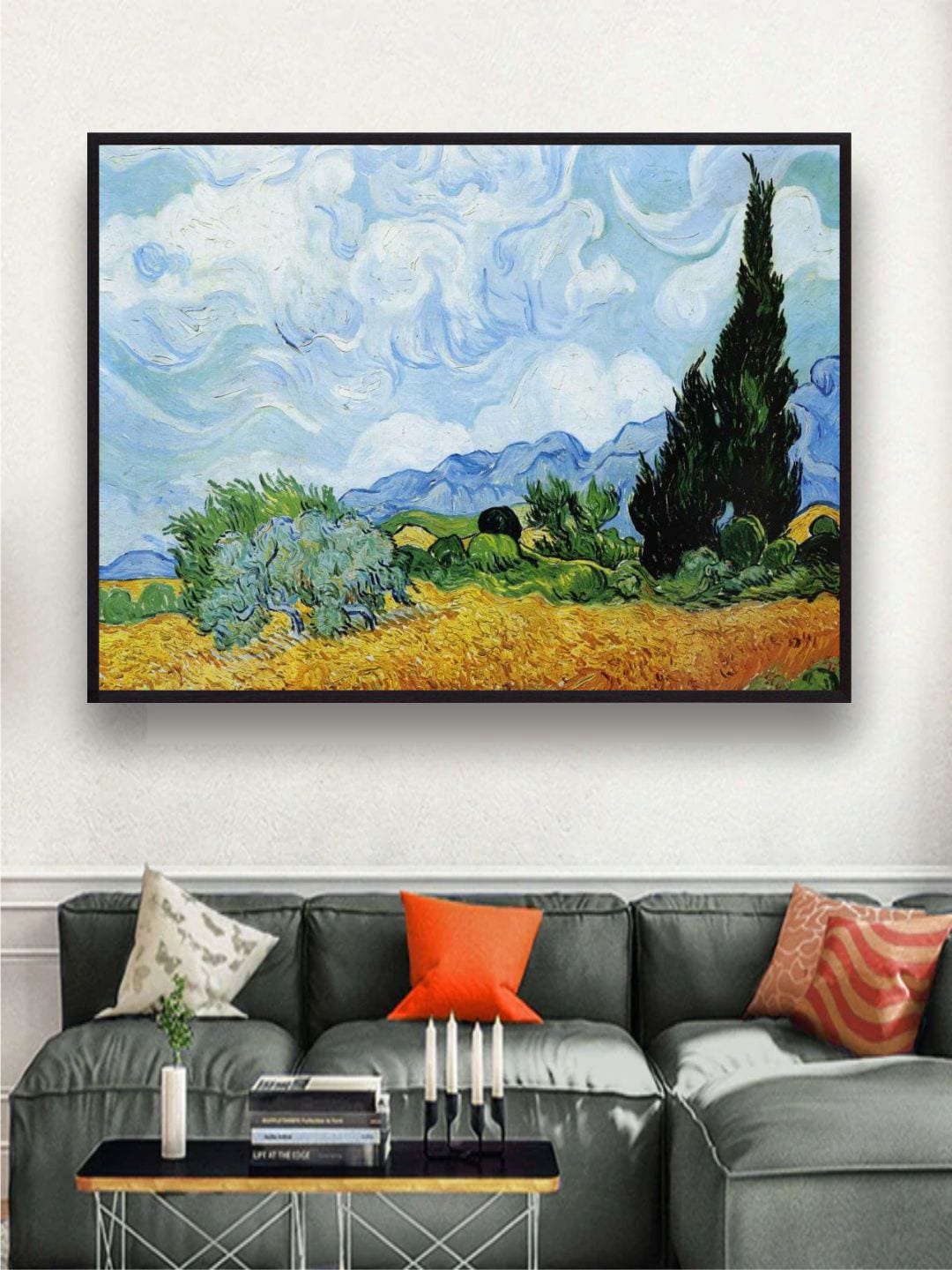 

The Art House Wheat Field with Cypresses By Van Gogh Printed Framed Wall Painting, Blue