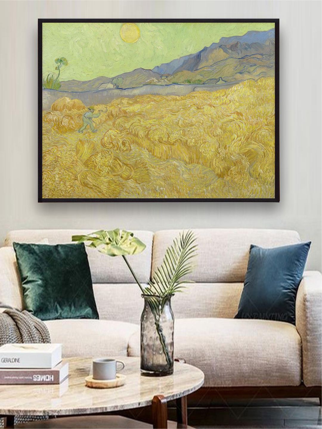 

The Art House Wheatfield with a Reaper By Van Gogh Framed Wall Painting, Yellow