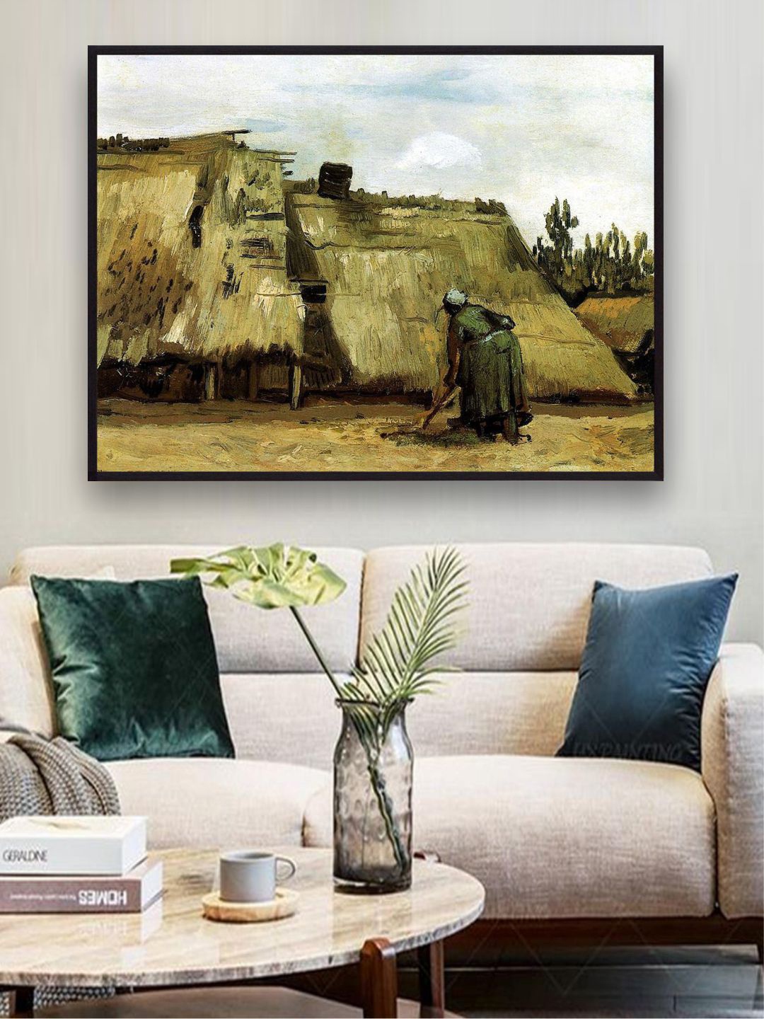 

The Art House Cottage With Woman Digging By Van Gogh Framed Painting, Green