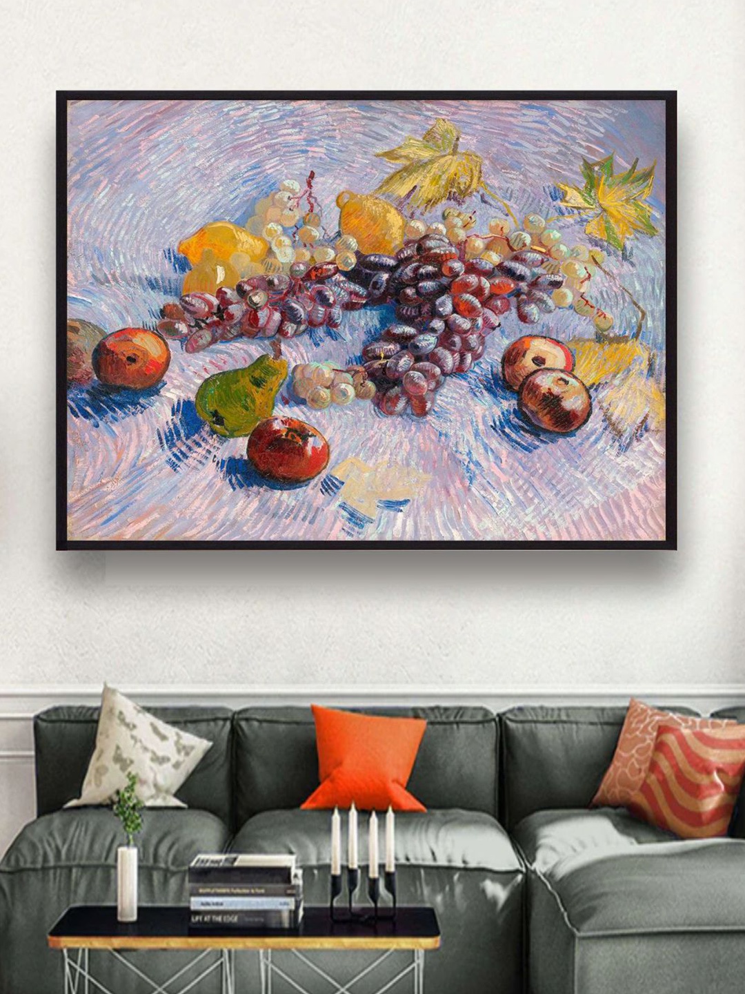 

The Art House Blue & White Grapes Lemons Pears & Apples By Van Gogh Framed Painting