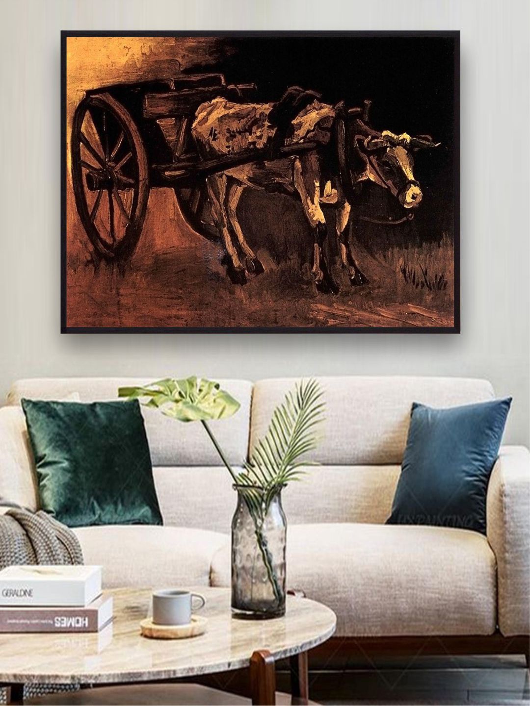 

The Art House Cart Red White Ox By Van Gogh Framed Wall Painting, Brown