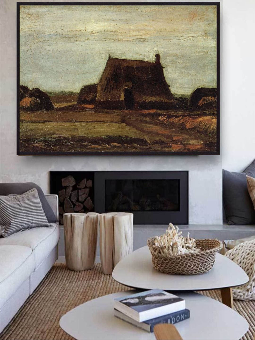 

The Art House Farm House With Peat Stacks By Van Gogh Framed Wall Painting, Brown