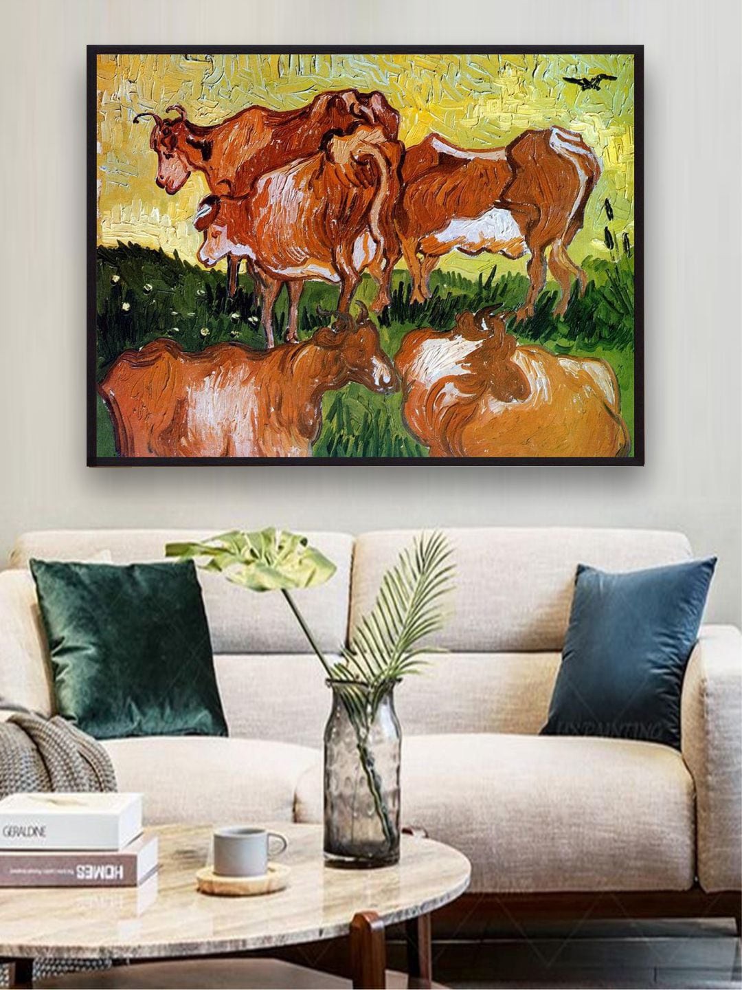 

The Art House Brown & Green Cows By Van Gogh Framed Painting