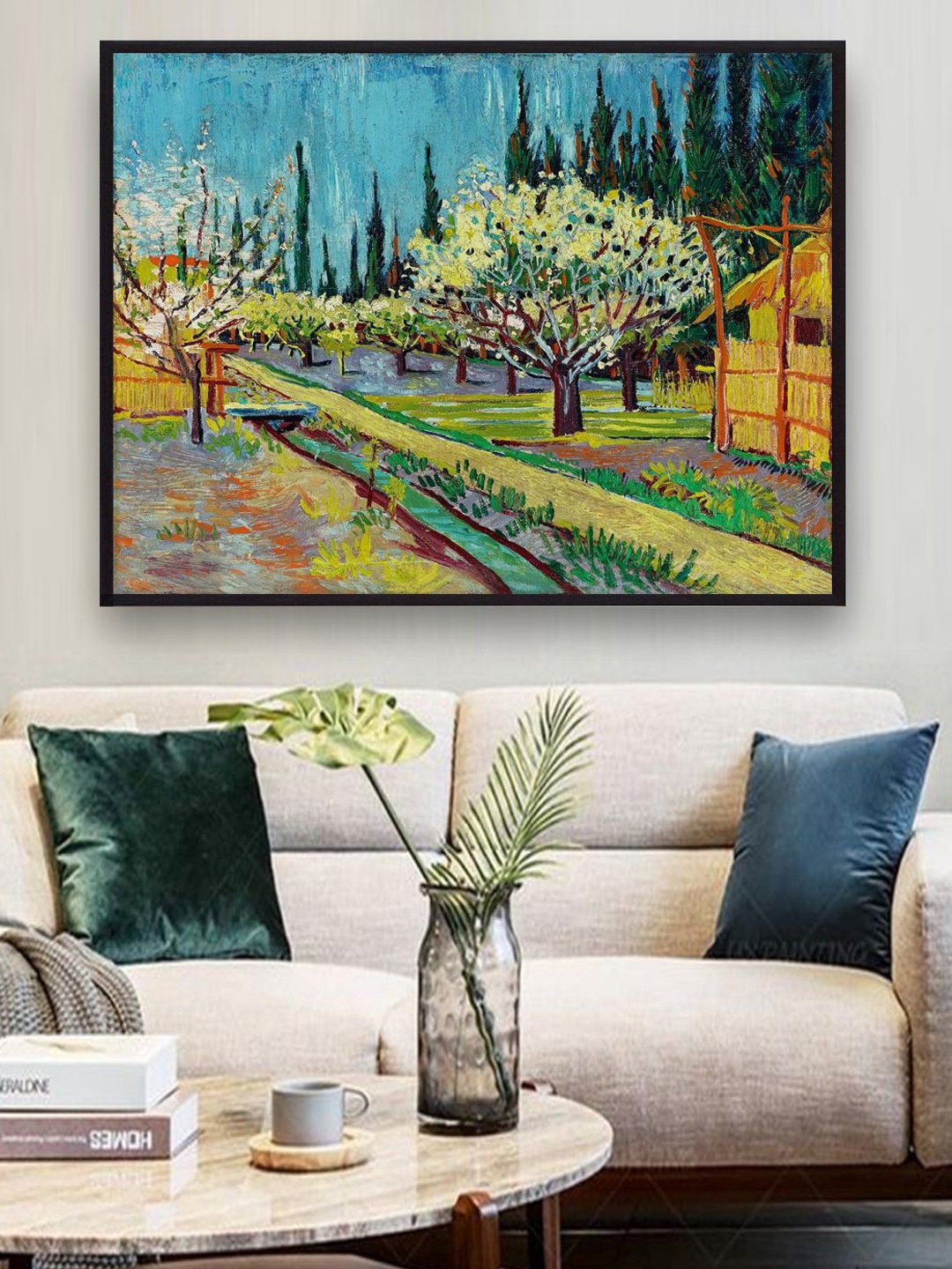 

The Art House Orchard Bordered by Cypresses By Van Gogh Framed Wall Painting, Green