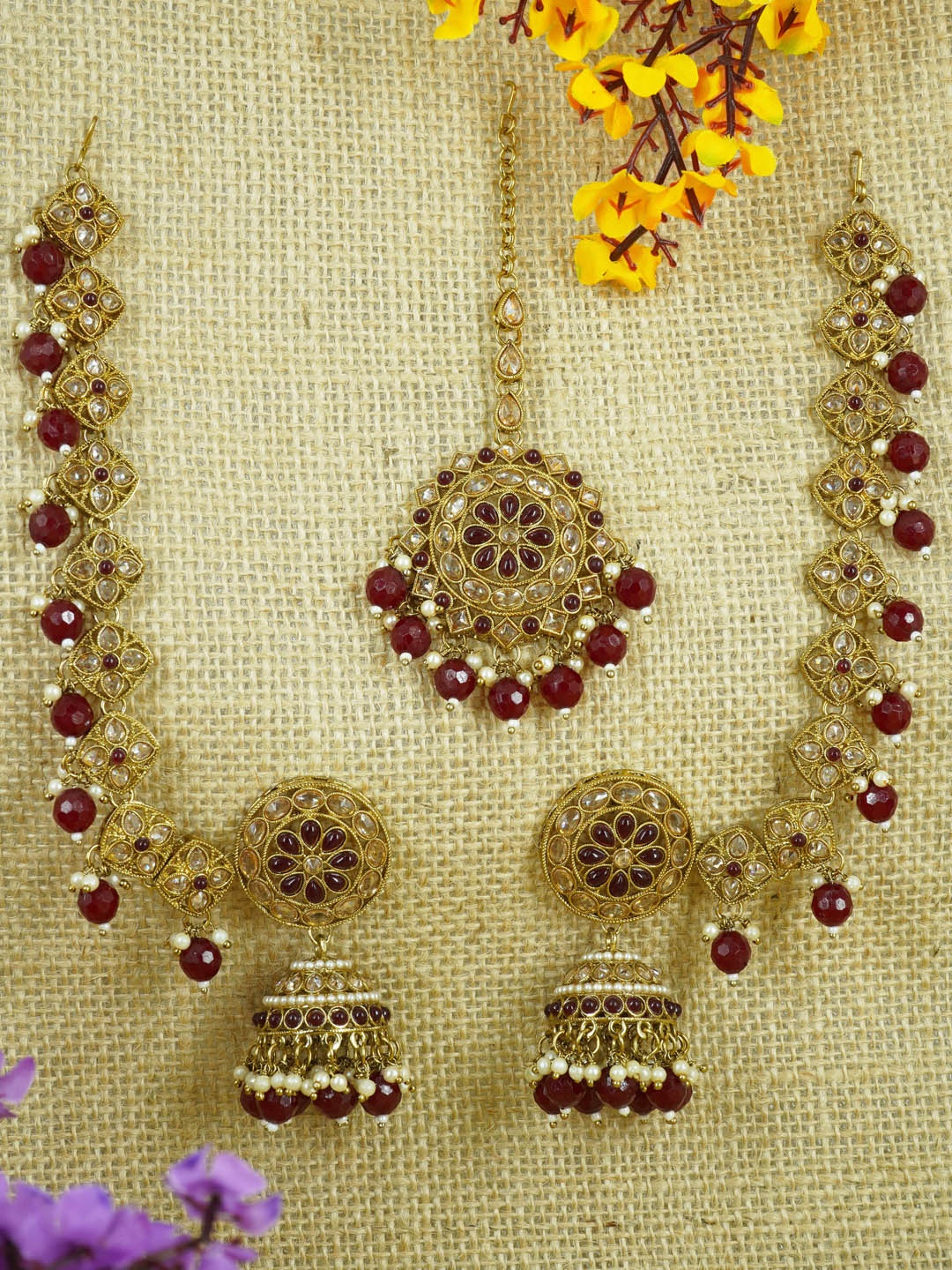 

GRIIHAM Gold-Plated Cubic Zirconia Maang Tika and Earrings