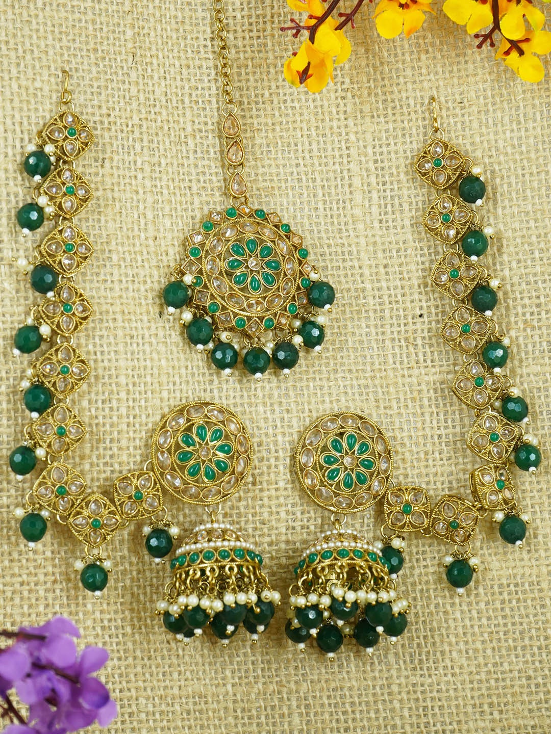 

GRIIHAM Gold-Plated CZ-Studded Maang Tika and Earrings