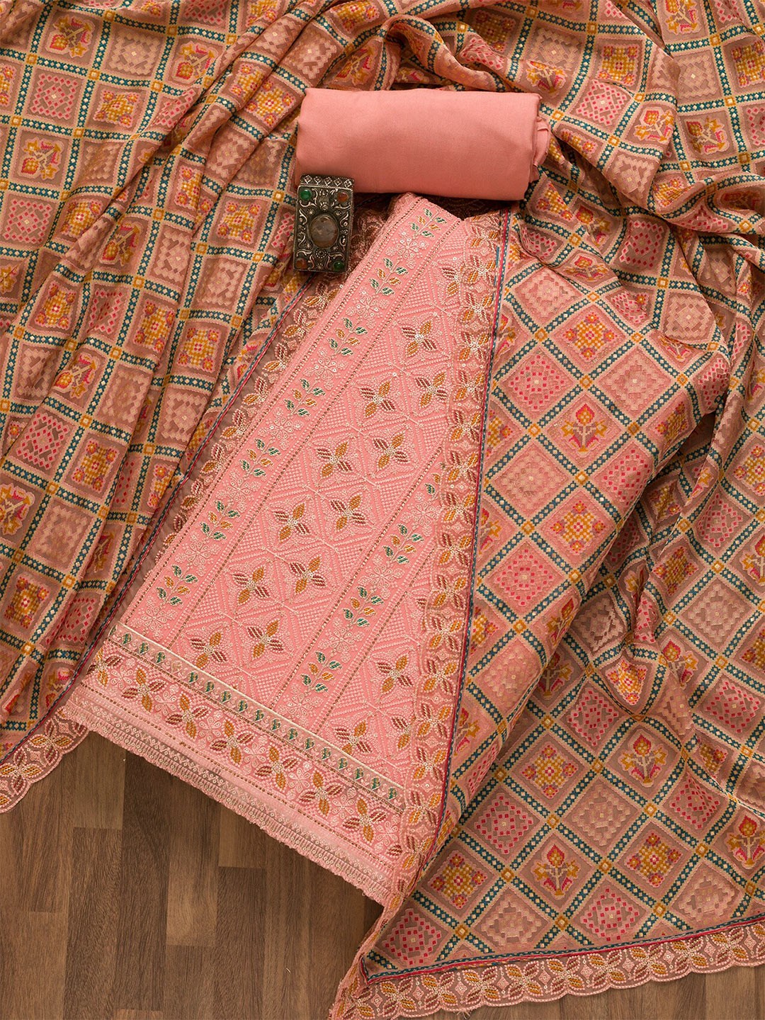 

Koskii Ethnic Motifs Embroidered Unstitched Dress Material, Pink