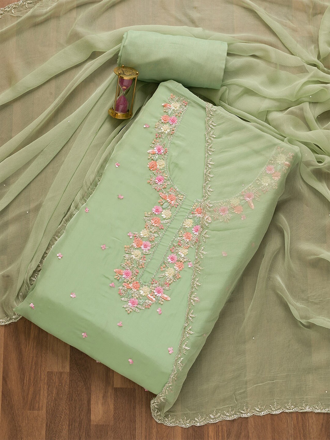 

Koskii Floral Sequin Embellished Unstitched Dress Material, Green