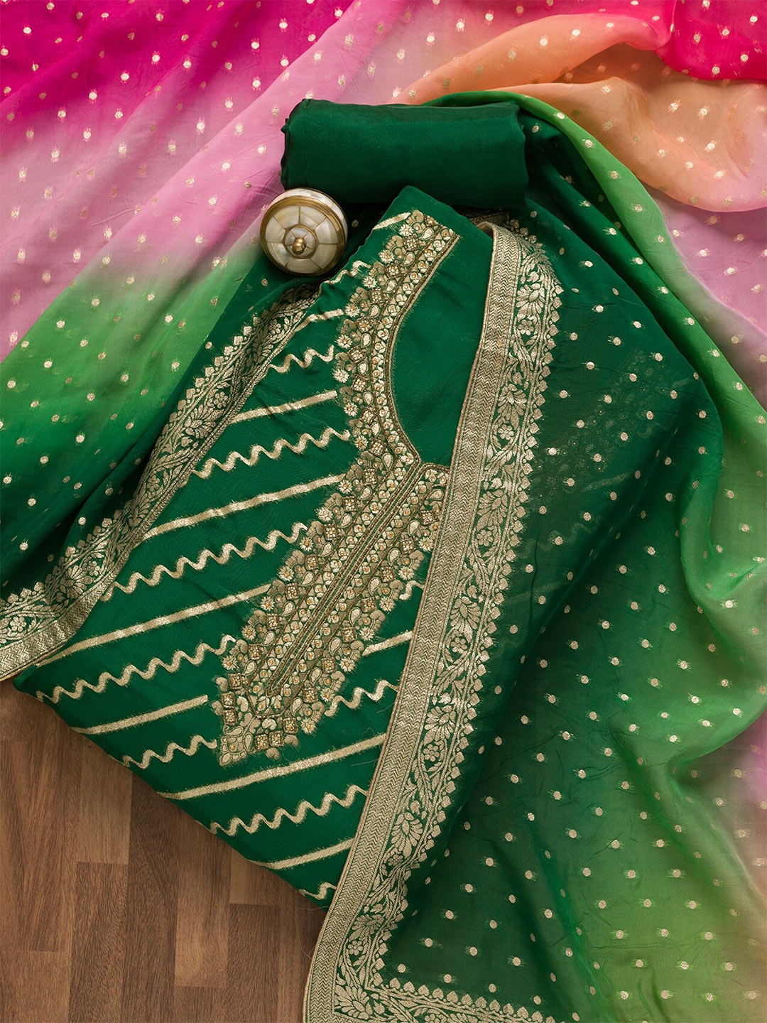 

Koskii Ethnic Motifs Woven Design Unstitched Dress Material, Green