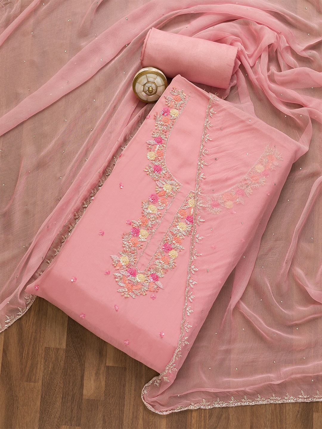 

Koskii Floral Sequin Embellished Unstitched Dress Material, Pink