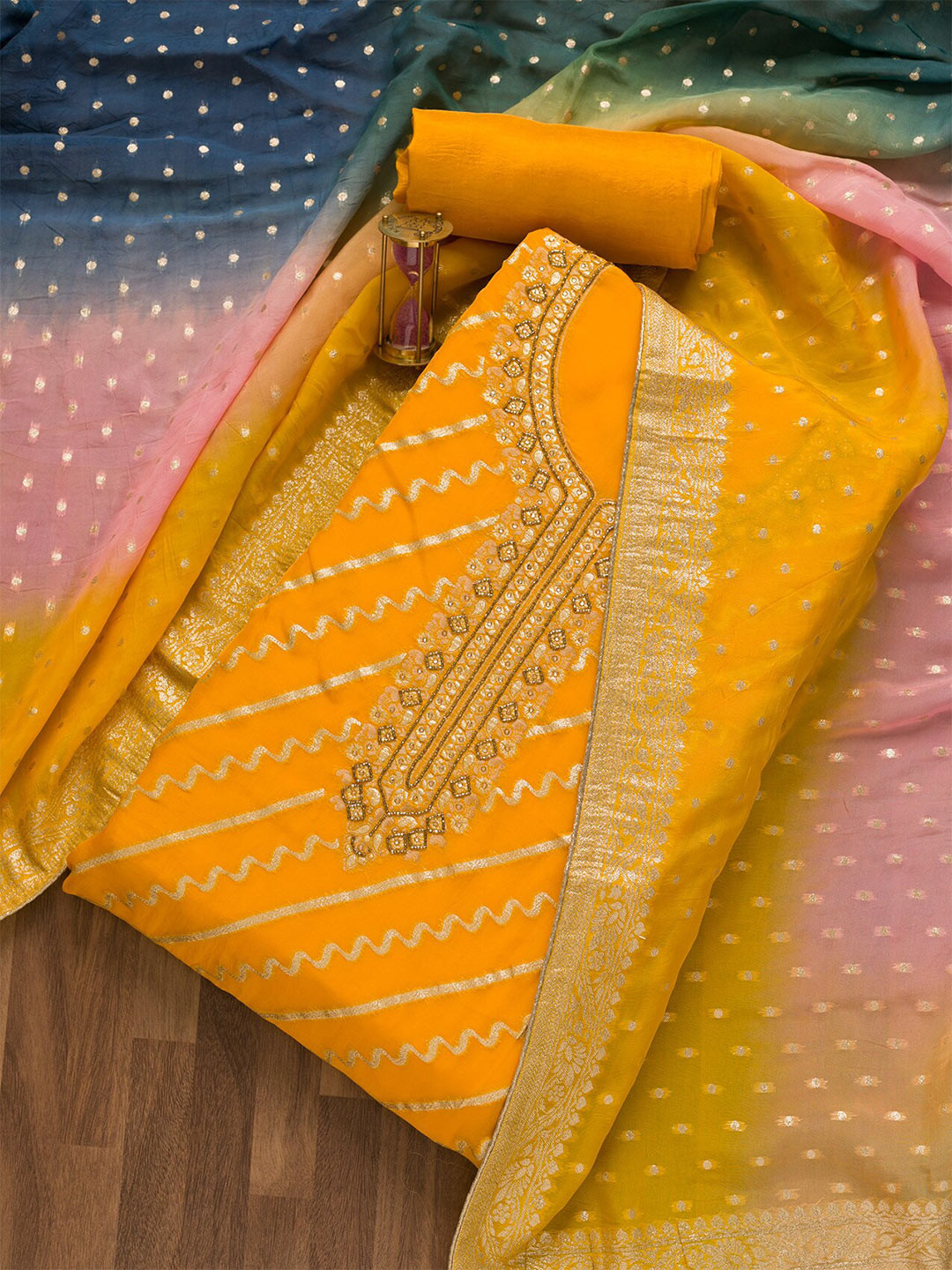 

Koskii Ethnic Motifs Woven Design Unstitched Dress Material, Mustard