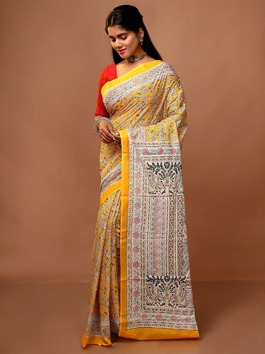 

AllSilks Floral Printed Pure Cotton Saree, Yellow