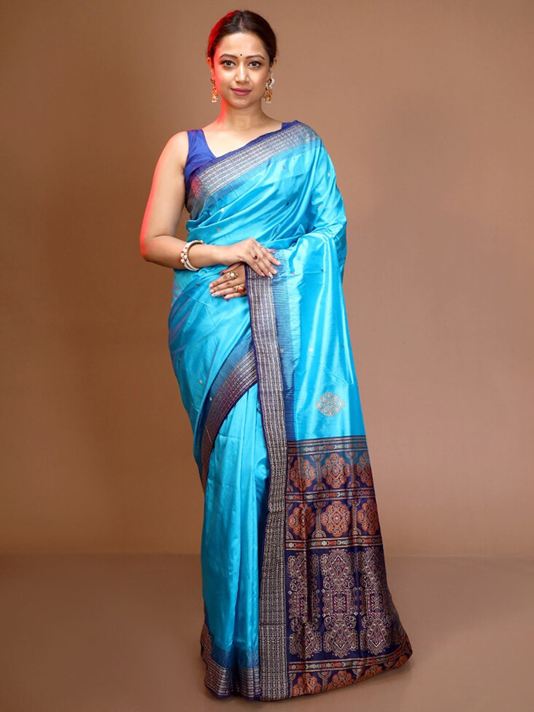 

AllSilks Ethnic Motifs Woven Design Zari Pure Silk Bomkai silk Saree, Blue