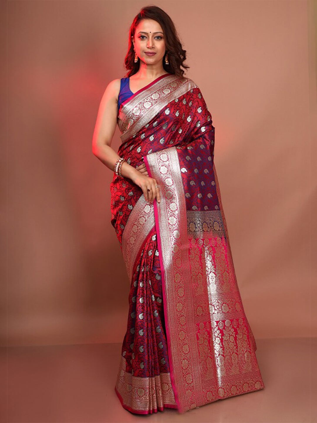 

AllSilks Floral Woven Design Zari Pure Silk Banarasi Saree, Purple