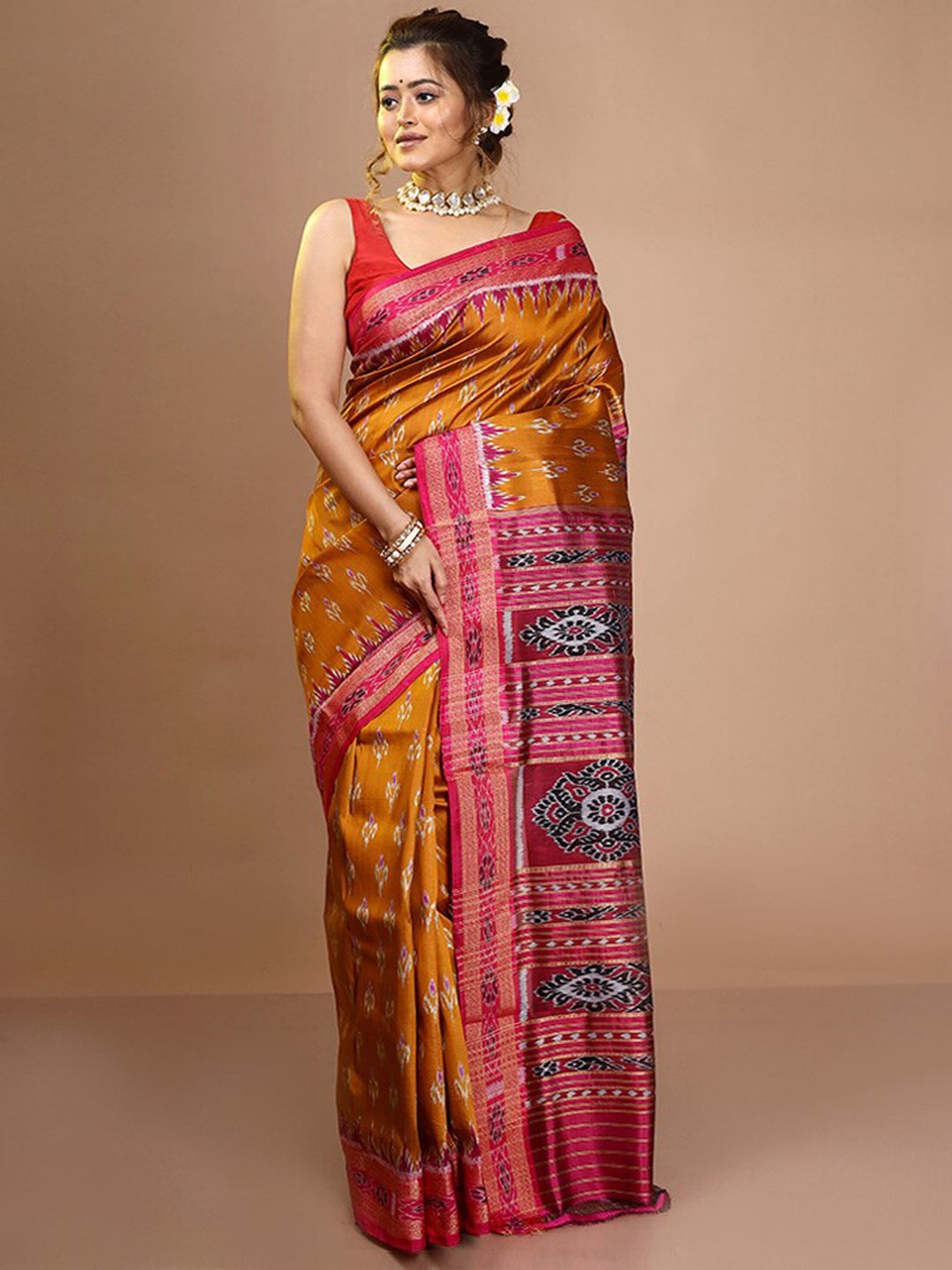 

AllSilks Floral Printed Pure Silk Ikat Saree, Yellow