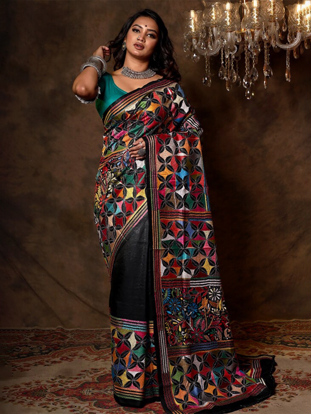 

AllSilks Floral Embroidered Kantha Work Pure Silk Murshidabad silk Saree, Black
