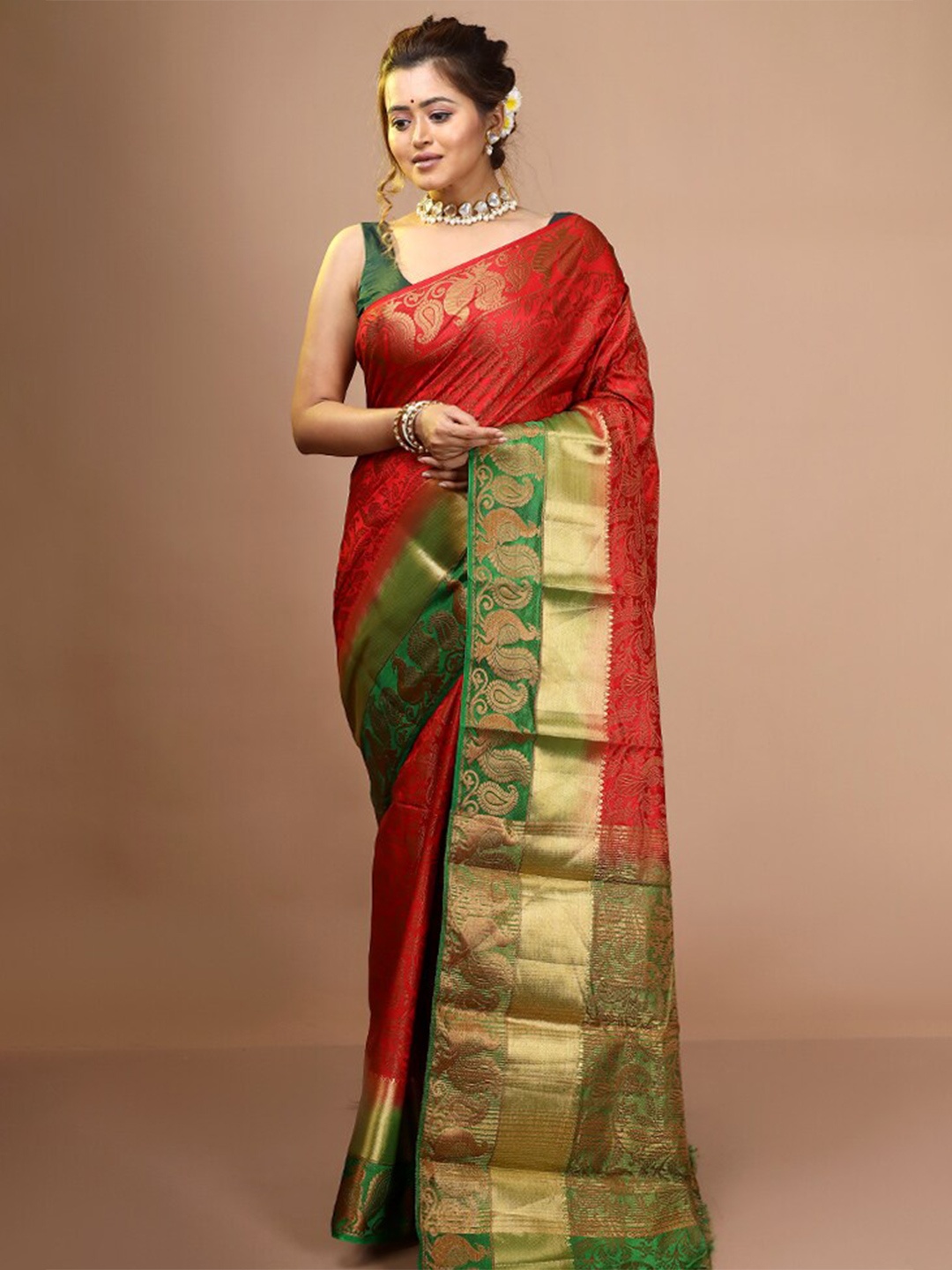 

AllSilks Ethnic Woven Design Zari Pure Cotton Saree, Red