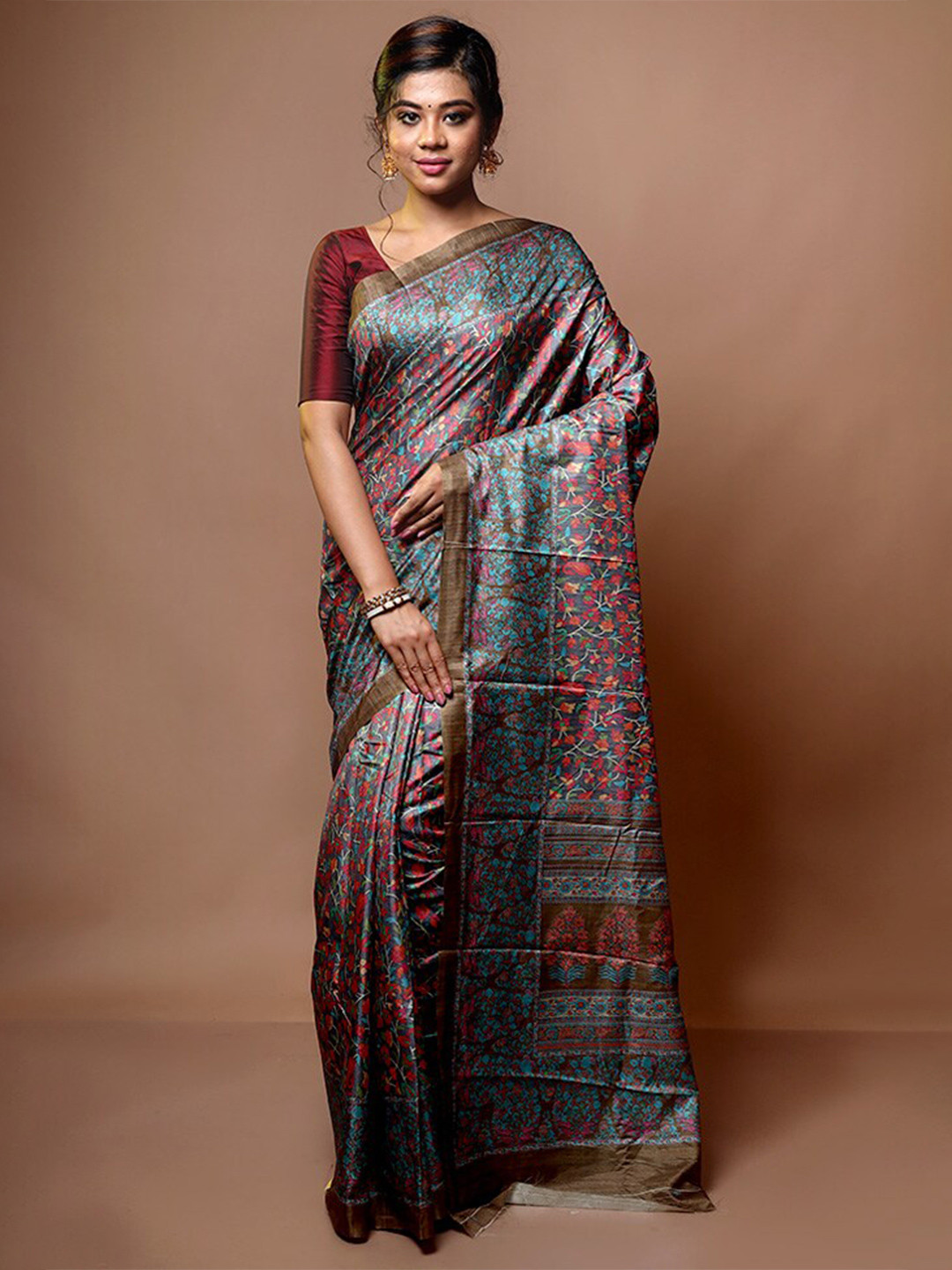 

AllSilks Floral Printed Pure Silk Saree, Grey