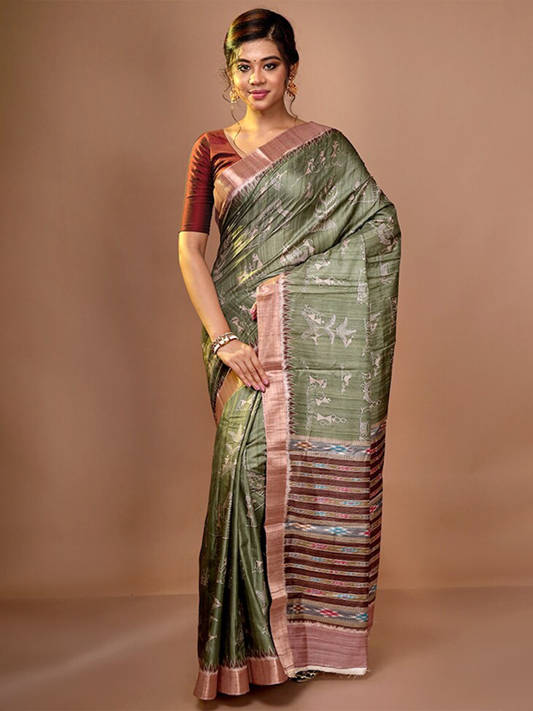

AllSilks Green & Gold-Toned Warli Zari Pure Silk Saree