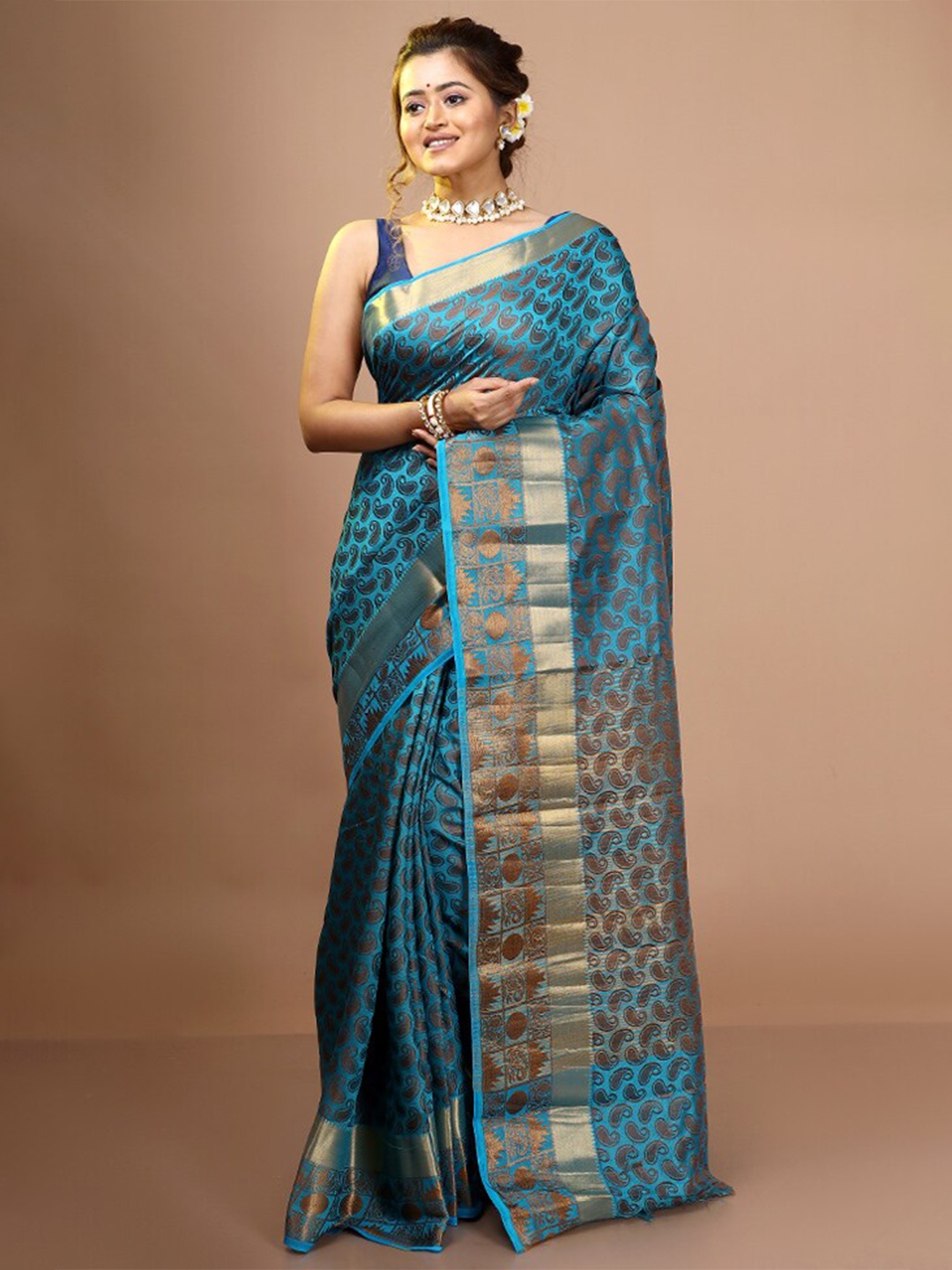 

AllSilks Paisley Woven Design Zari Silk Cotton Saree, Blue
