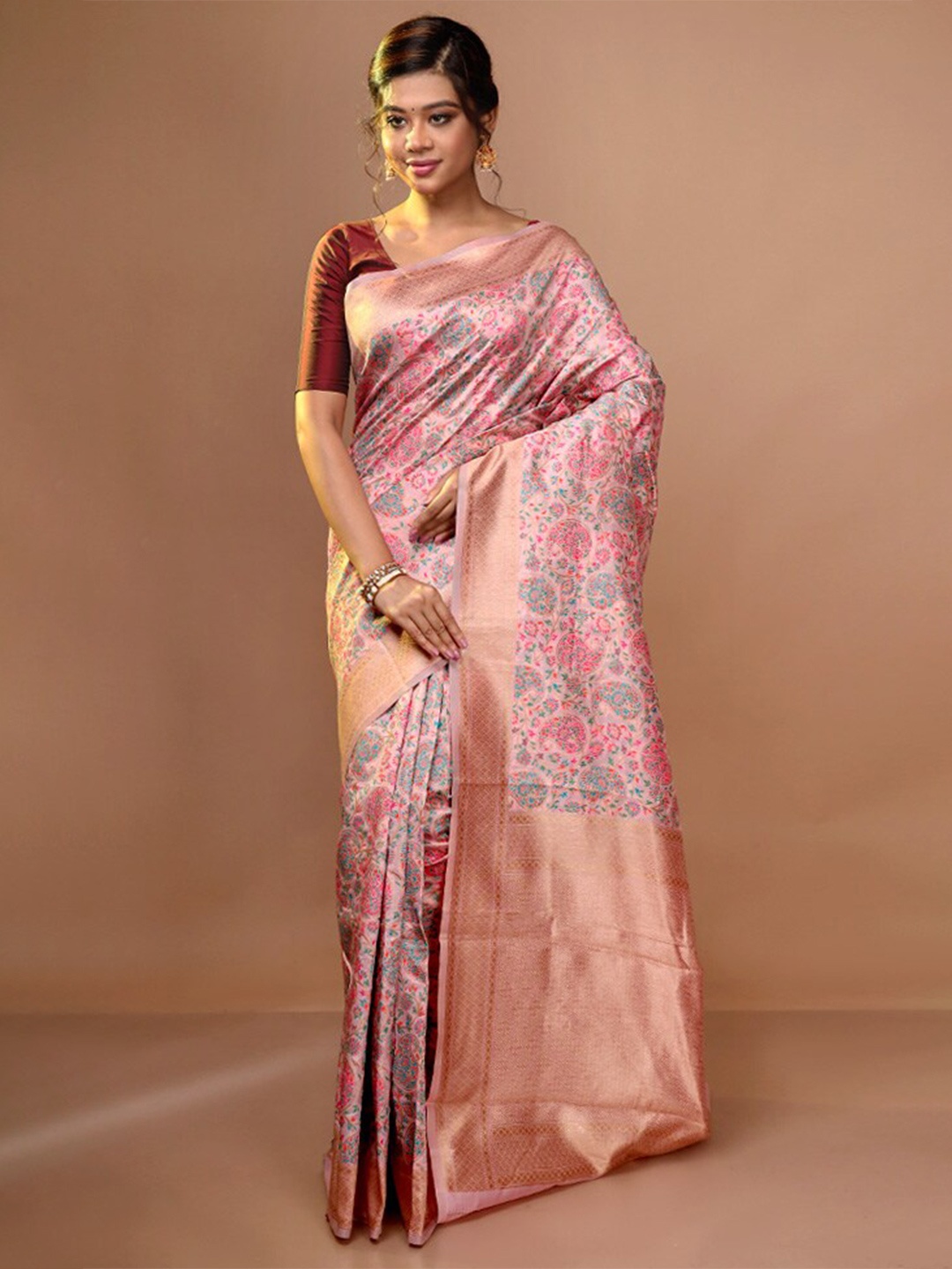 

AllSilks Ethnic Motifs Printed Zari Pure Silk Saree, Pink