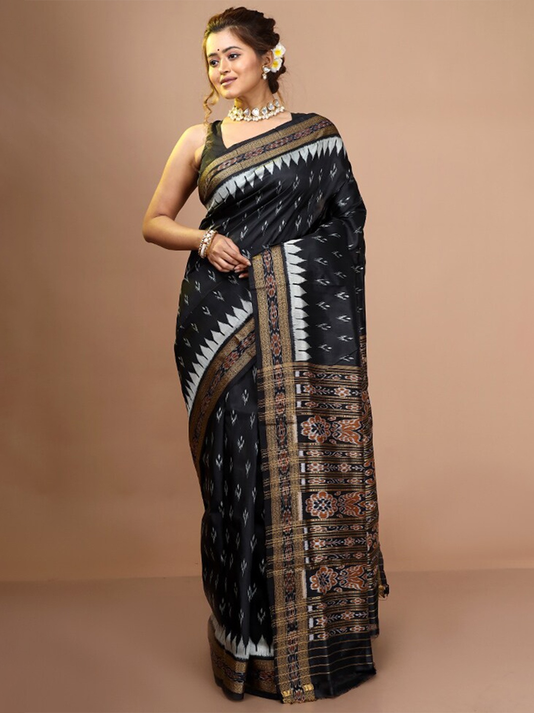 

AllSilks Floral Printed Zari Pure Silk Ikat Pochampally Saree, Black