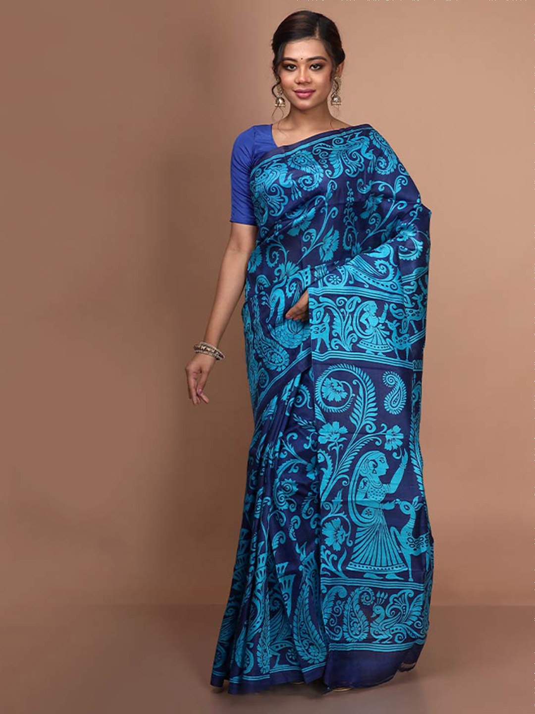 

AllSilks Ethnic Motifs Pure Silk Block Print Saree, Blue