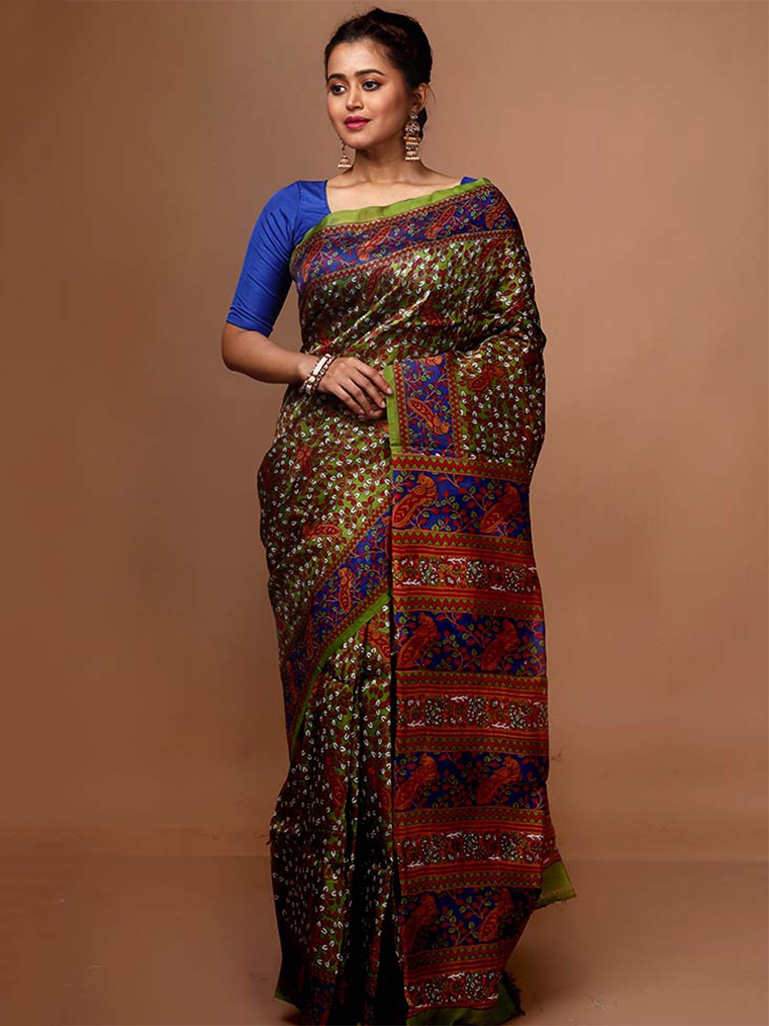 

AllSilks Ethnic Motifs Zari Pure Silk Block Print Saree, Blue