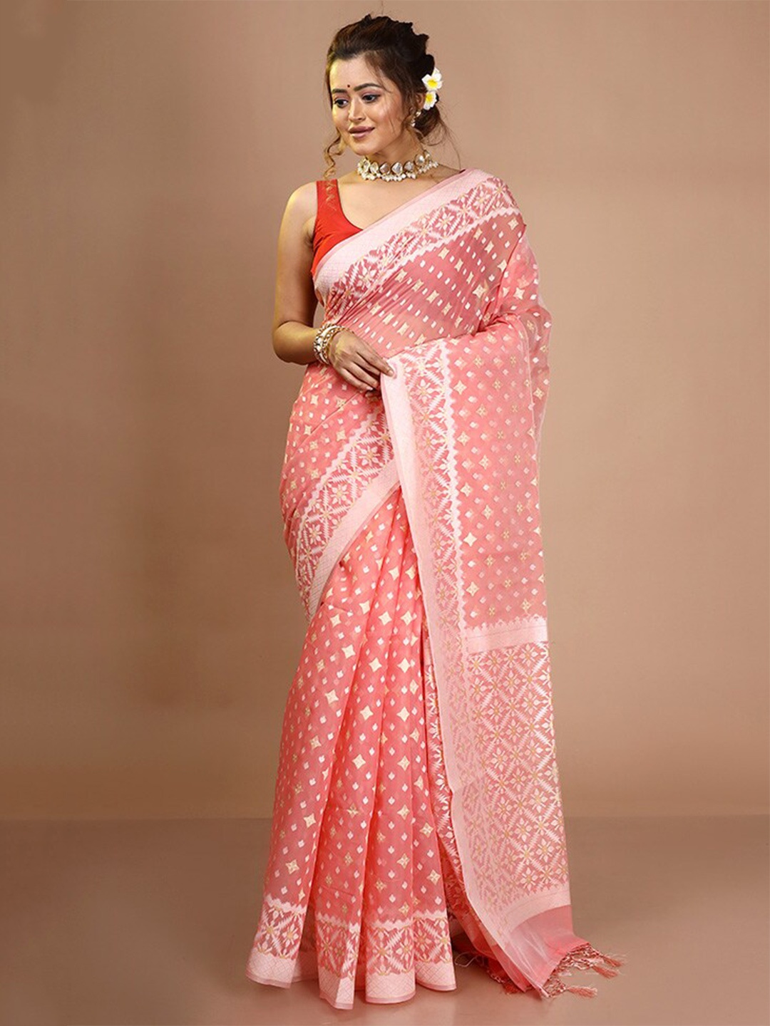 

AllSilks Pink & Gold-Toned Woven Design Pure Silk Saree