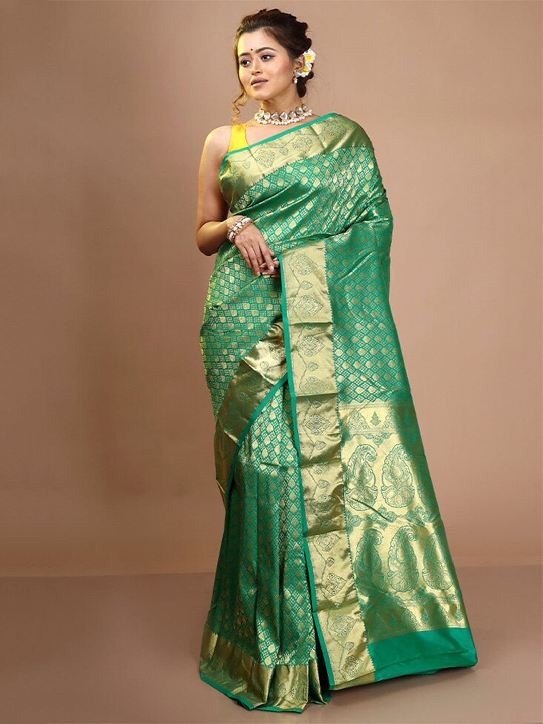 

AllSilks Ethnic Motifs Zari Pure Silk Kanjeevaram Saree, Green