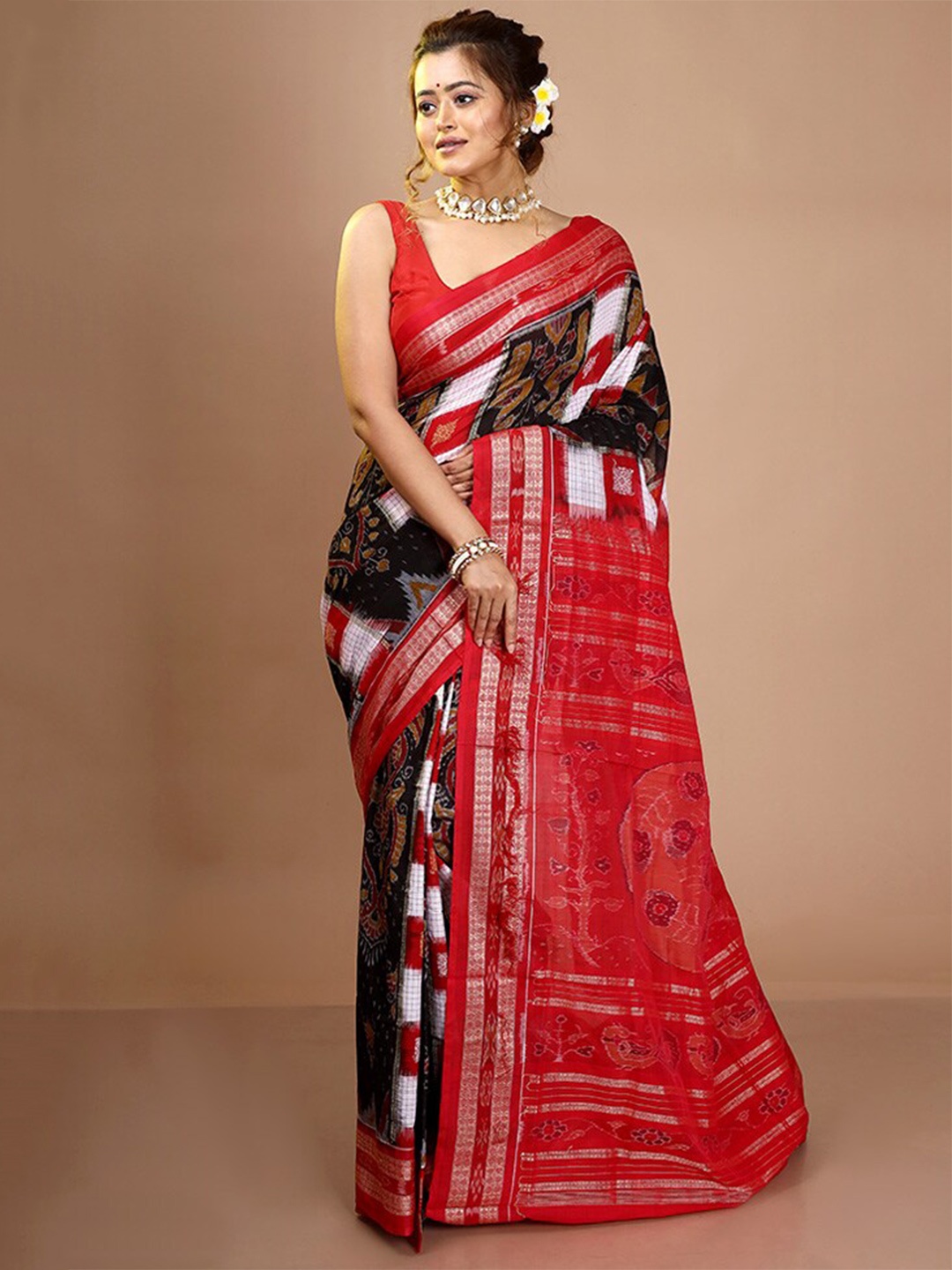 

AllSilks Ethnic Motif Woven Design Zari Pure Cotton Bomkai silk Saree, Black