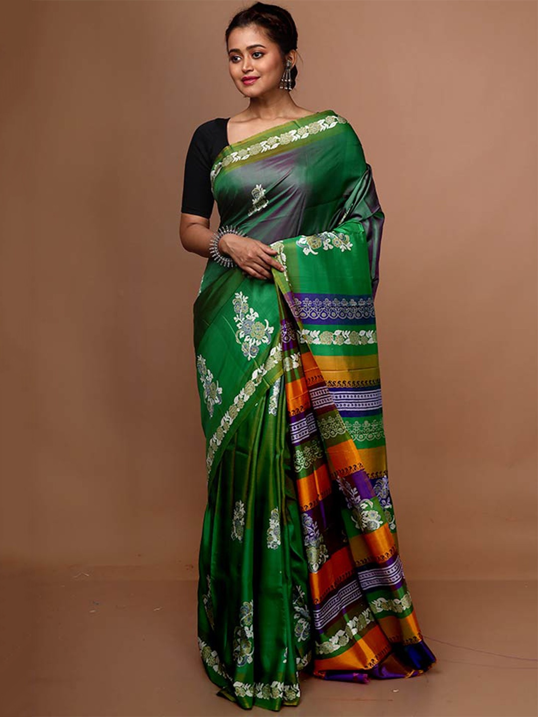 

AllSilks Green & Orange Ethnic Motifs Pure Silk Block Print Saree