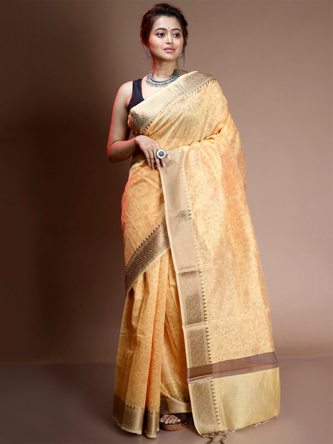 

AllSilks Floral Printed Zari Pure Cotton Saree, Cream