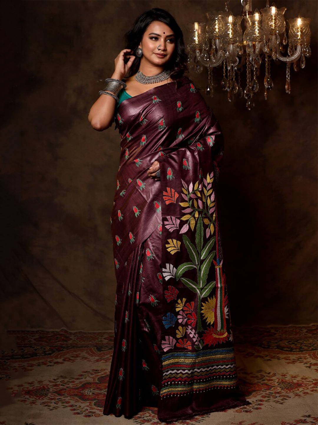 

AllSilks Floral Kantha Embroidered Pure Silk Murshidabad silk Saree, Maroon